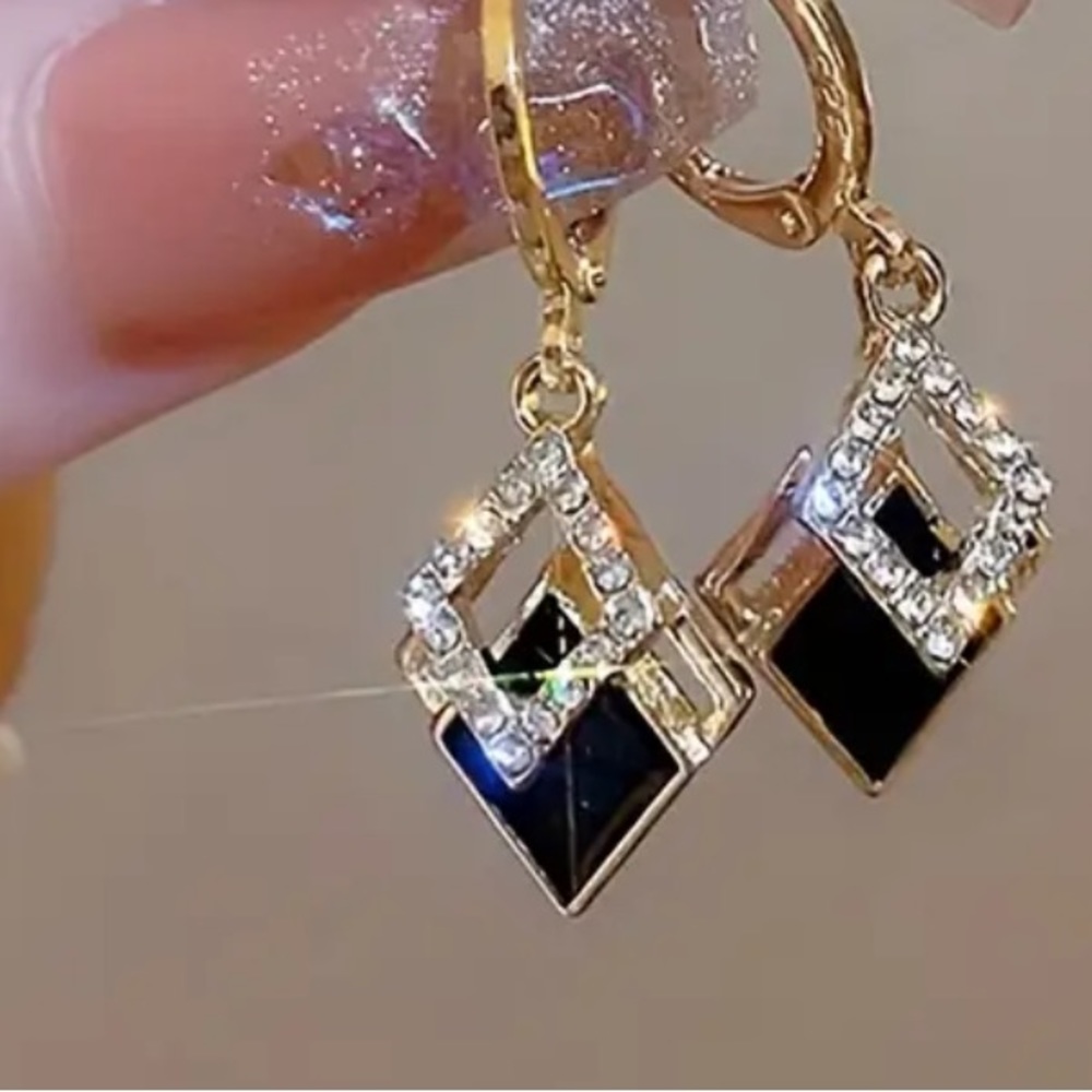 Boutique Item • Gold & Black ZirconDangle Earrings • Zinc Alloy - Picture 4 of 4